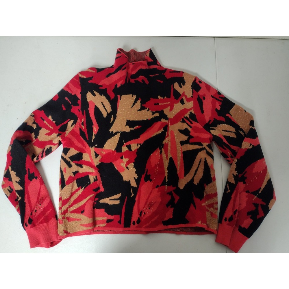 a... love story Red Black Abstract Metallic Gold Knit Mock Neck Sweater Large